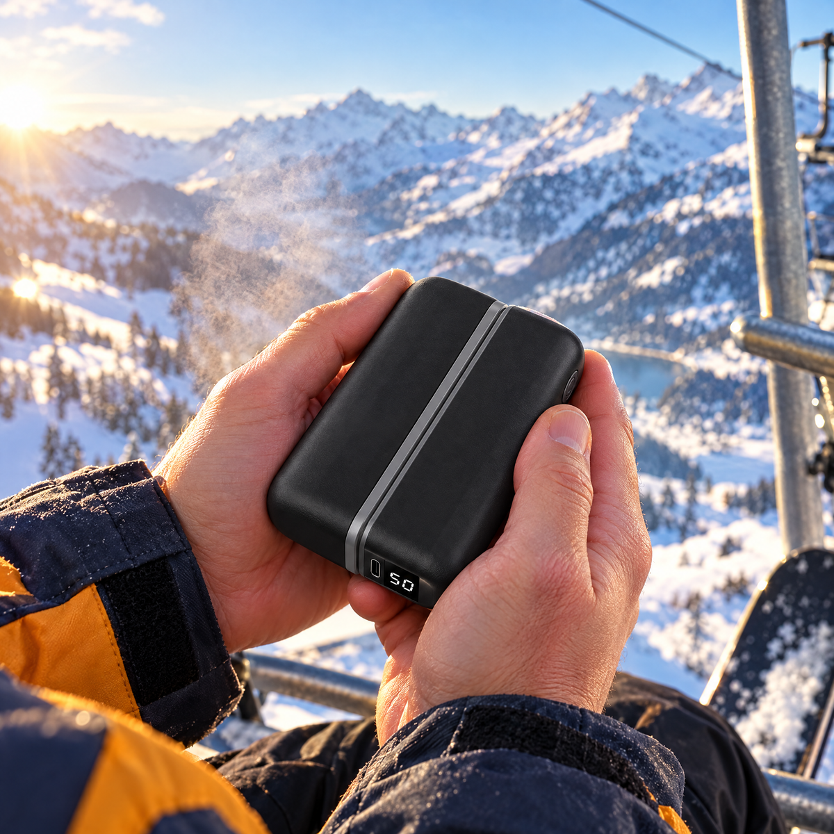 Chauffe-mains rechargeable tenu sur un télésiège dans les Alpes