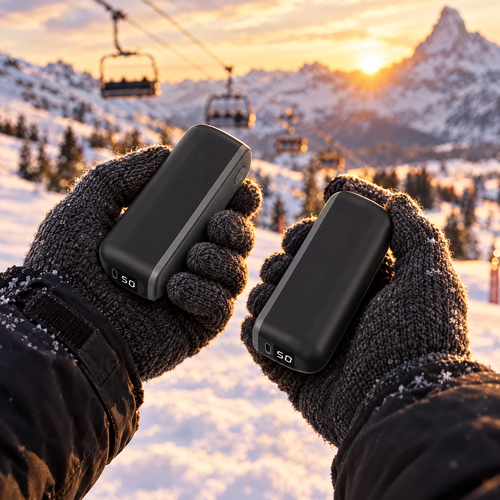 Une moitié du chauffe-mains dans chaque main, sur les pistes