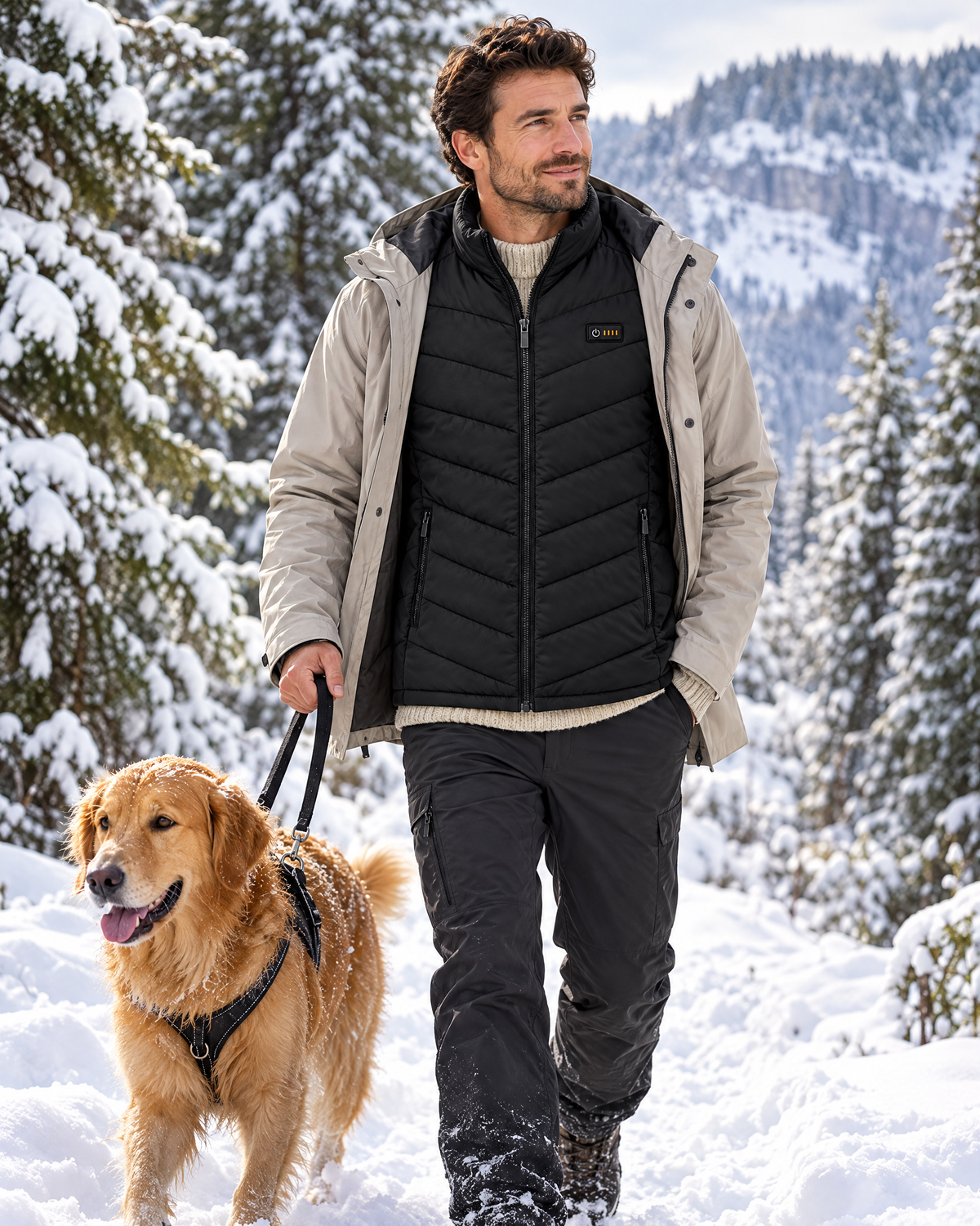 Gilet chauffant porté en balade avec le chien dans le Jura