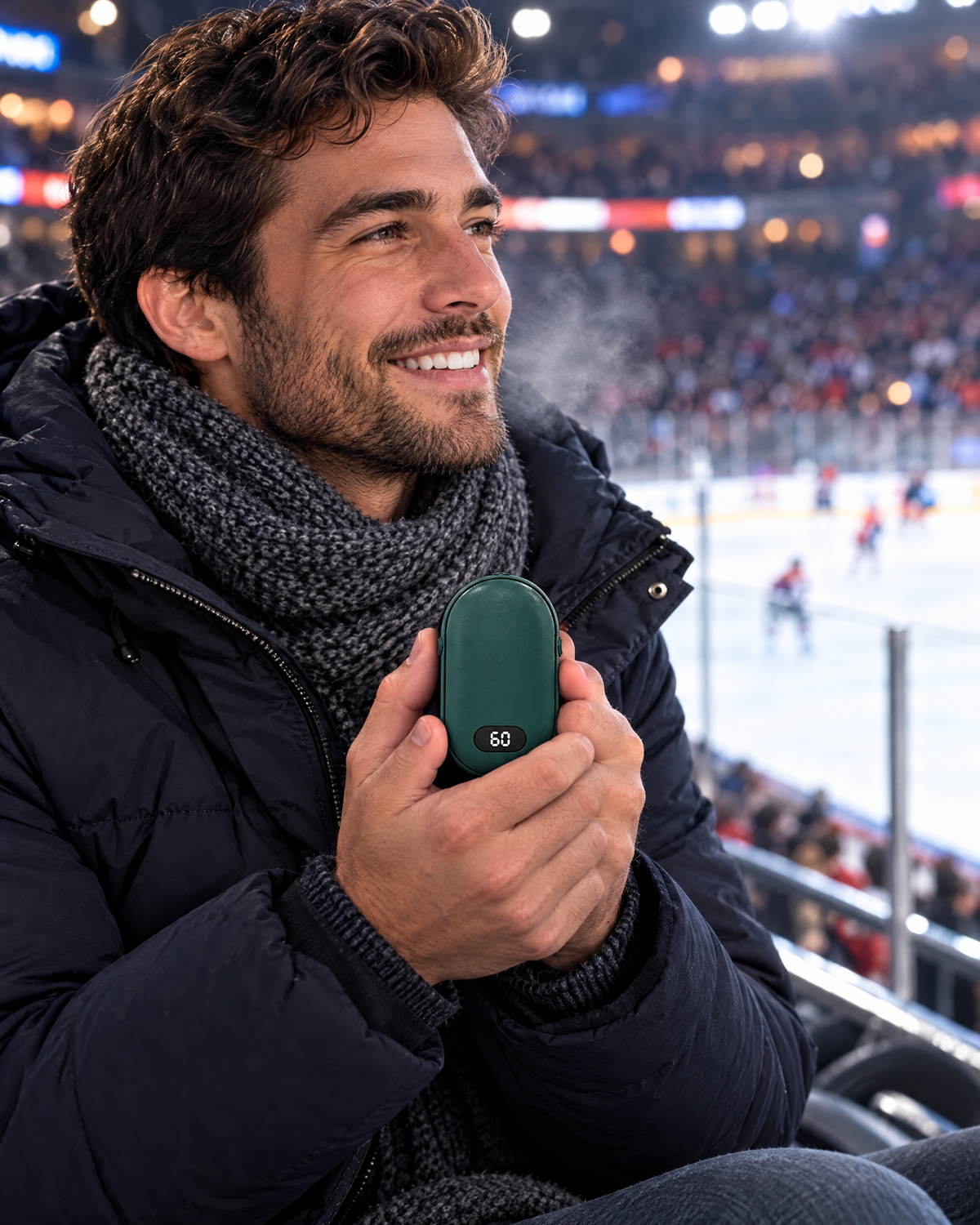 Chauffe-mains de poche dans les tribunes d'une patinoire