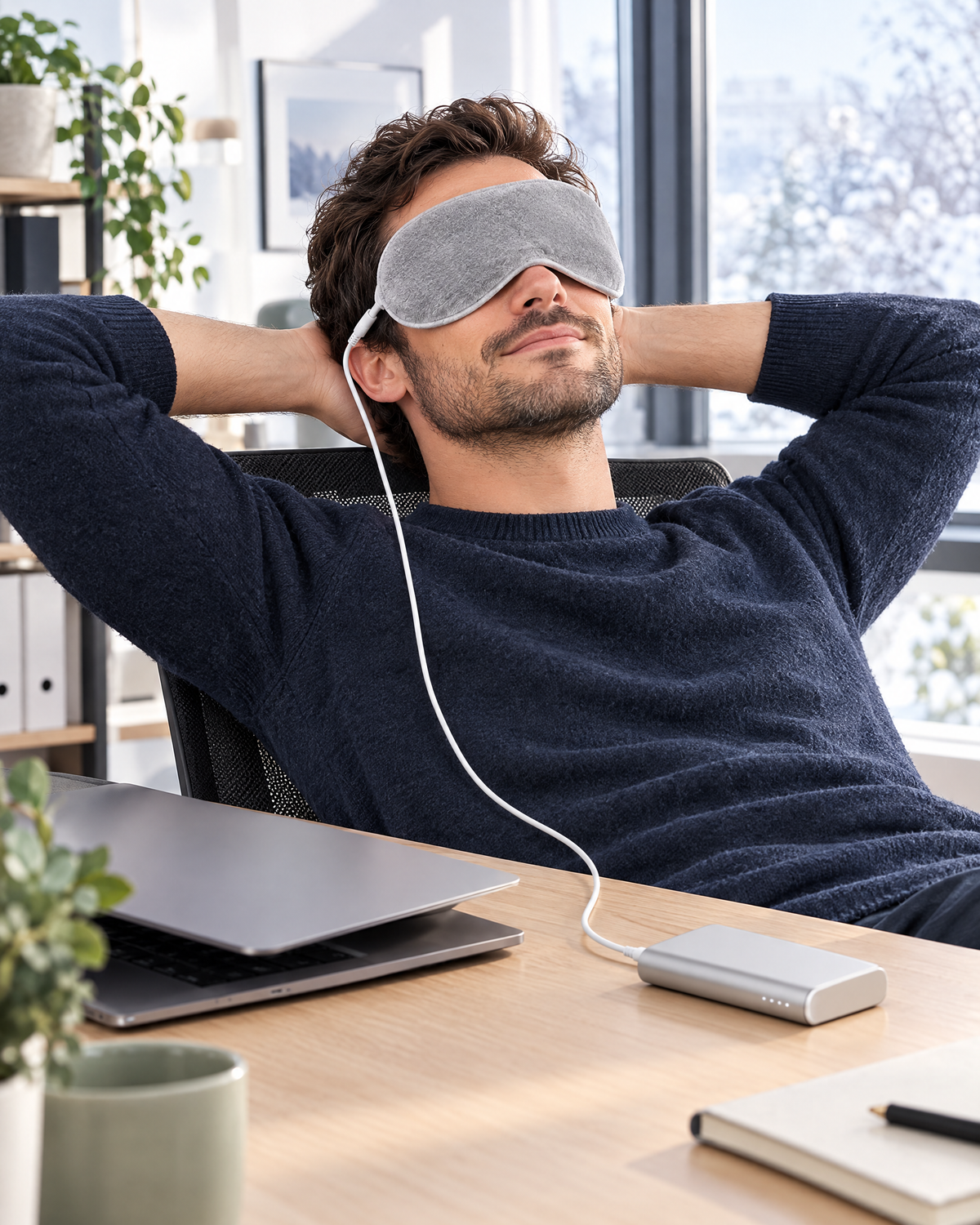 Pause au bureau avec le masque chauffant