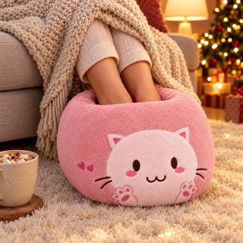 Pieds au chaud dans le chauffe-pieds chat rose, soirée de Noël